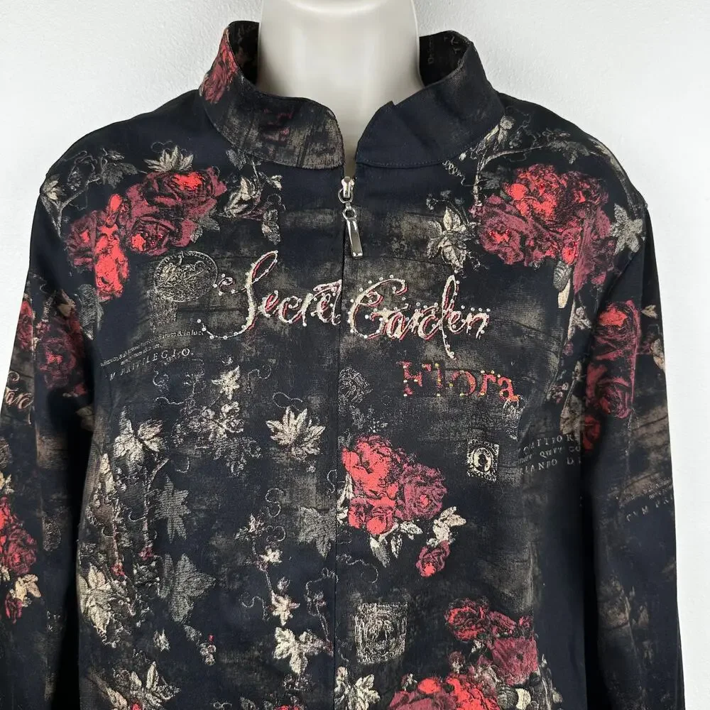 VTG Cactus Jacket Blazer Full Zip Secret Garden Floral Rinestones Black L Artsy - Picture 2 of 13